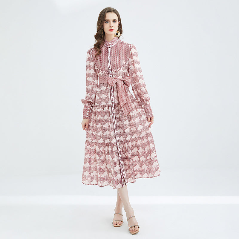 CM-DY078996 Women Elegant European Style Long Sleeve Stand Collar Dress