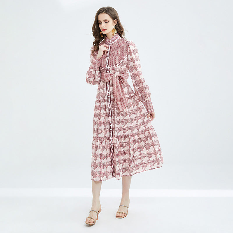 CM-DY078996 Women Elegant European Style Long Sleeve Stand Collar Dress