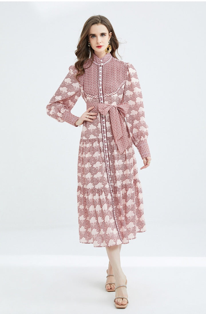 CM-DY078996 Women Elegant European Style Long Sleeve Stand Collar Dress