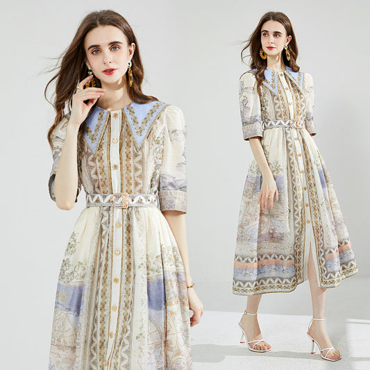 CM-DY079039 Women Elegant European Style Navy Collar With Belted Silk Linen Long Dress