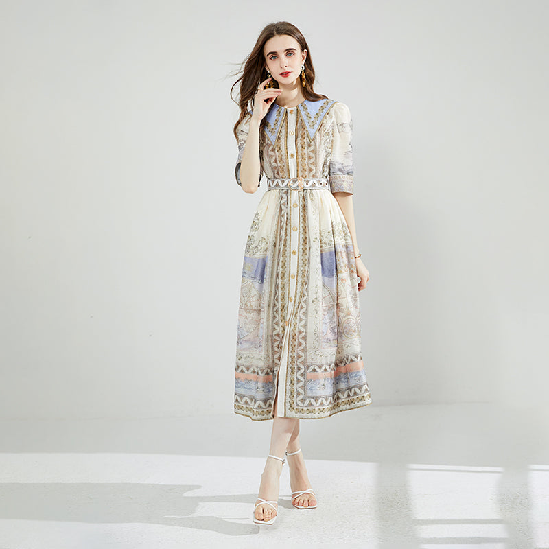 CM-DY079039 Women Elegant European Style Navy Collar With Belted Silk Linen Long Dress