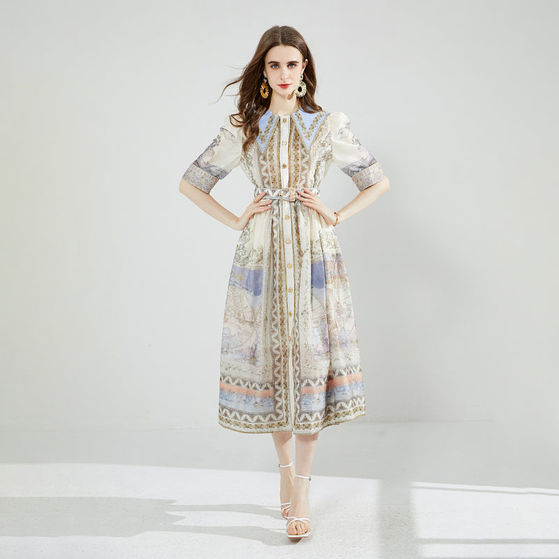 CM-DY079039 Women Elegant European Style Navy Collar With Belted Silk Linen Long Dress