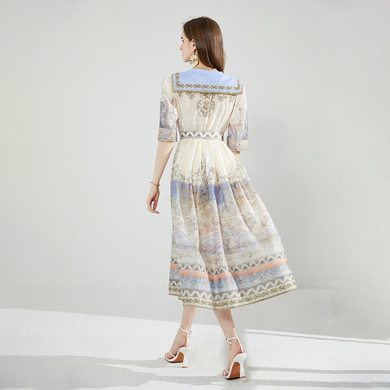CM-DY079039 Women Elegant European Style Navy Collar With Belted Silk Linen Long Dress