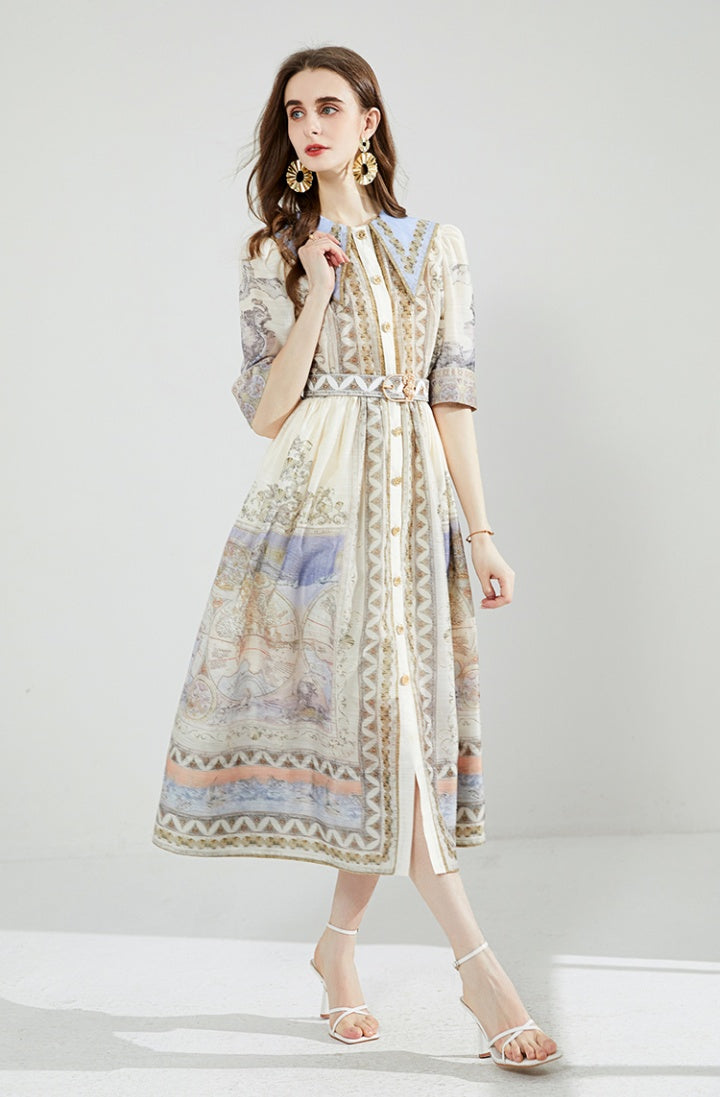 CM-DY079039 Women Elegant European Style Navy Collar With Belted Silk Linen Long Dress