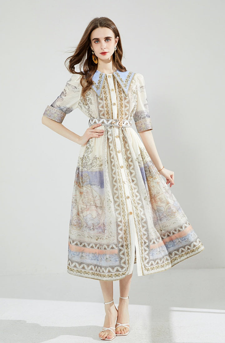 CM-DY079039 Women Elegant European Style Navy Collar With Belted Silk Linen Long Dress