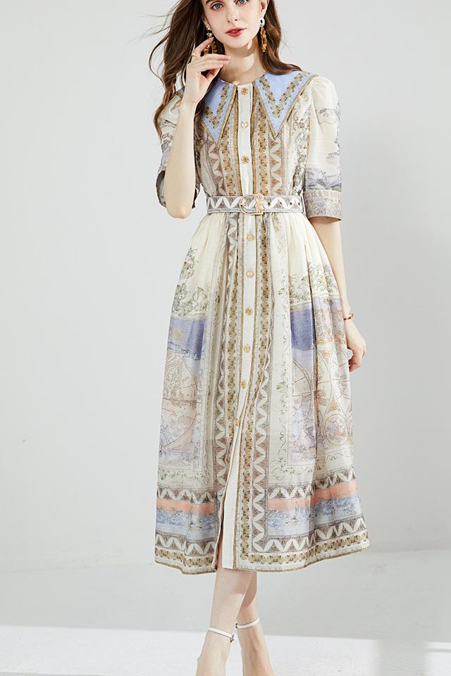 CM-DY079039 Women Elegant European Style Navy Collar With Belted Silk Linen Long Dress