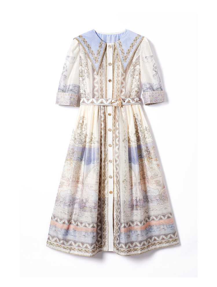CM-DY079039 Women Elegant European Style Navy Collar With Belted Silk Linen Long Dress