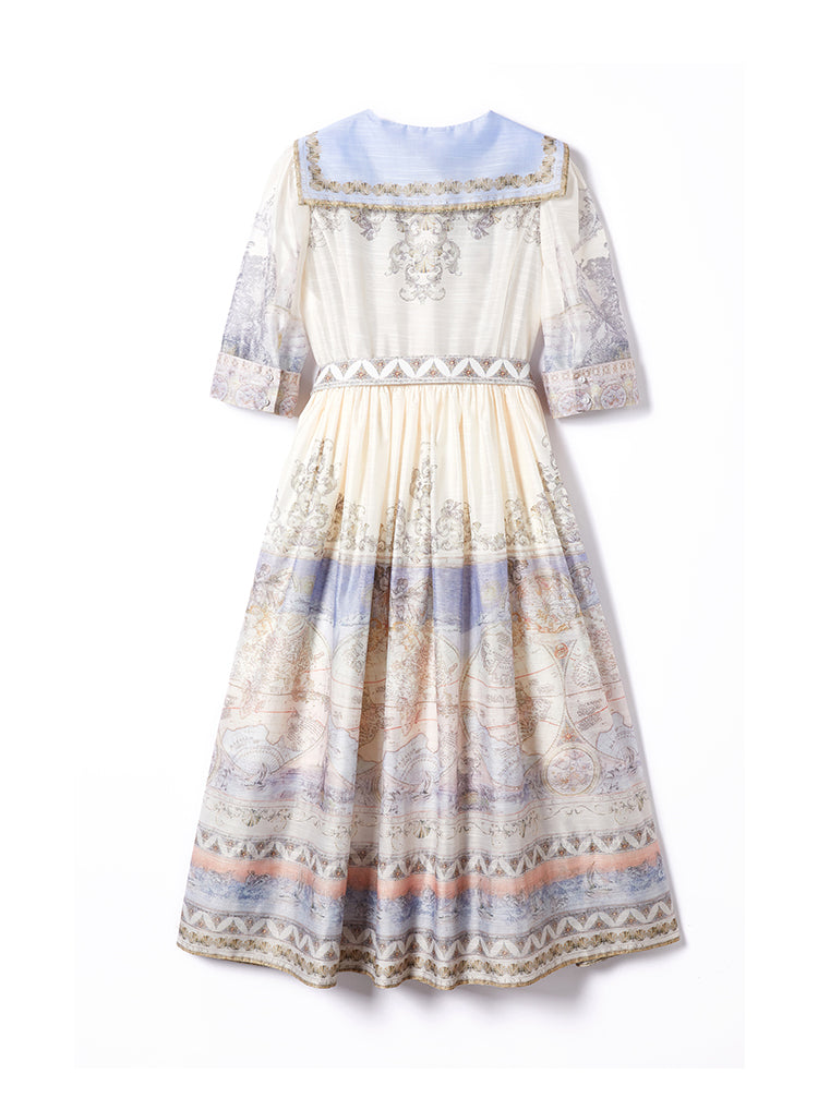 CM-DY079039 Women Elegant European Style Navy Collar With Belted Silk Linen Long Dress