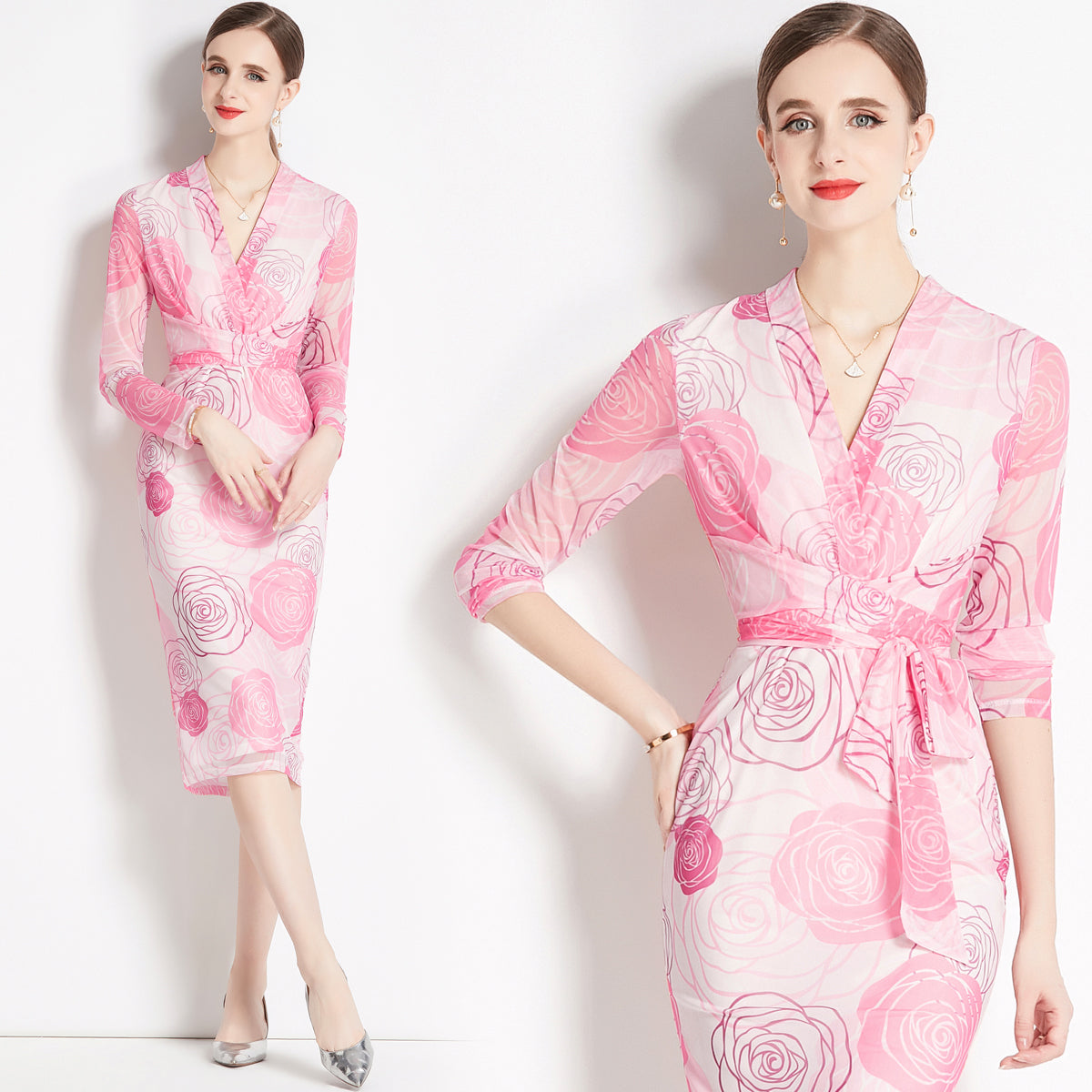 CM-DY079066 Women Retro European Style Printing Hip Long Sleeve V-Neck Gauze Dress