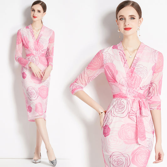 CM-DY079066 Women Retro European Style Printing Hip Long Sleeve V-Neck Gauze Dress