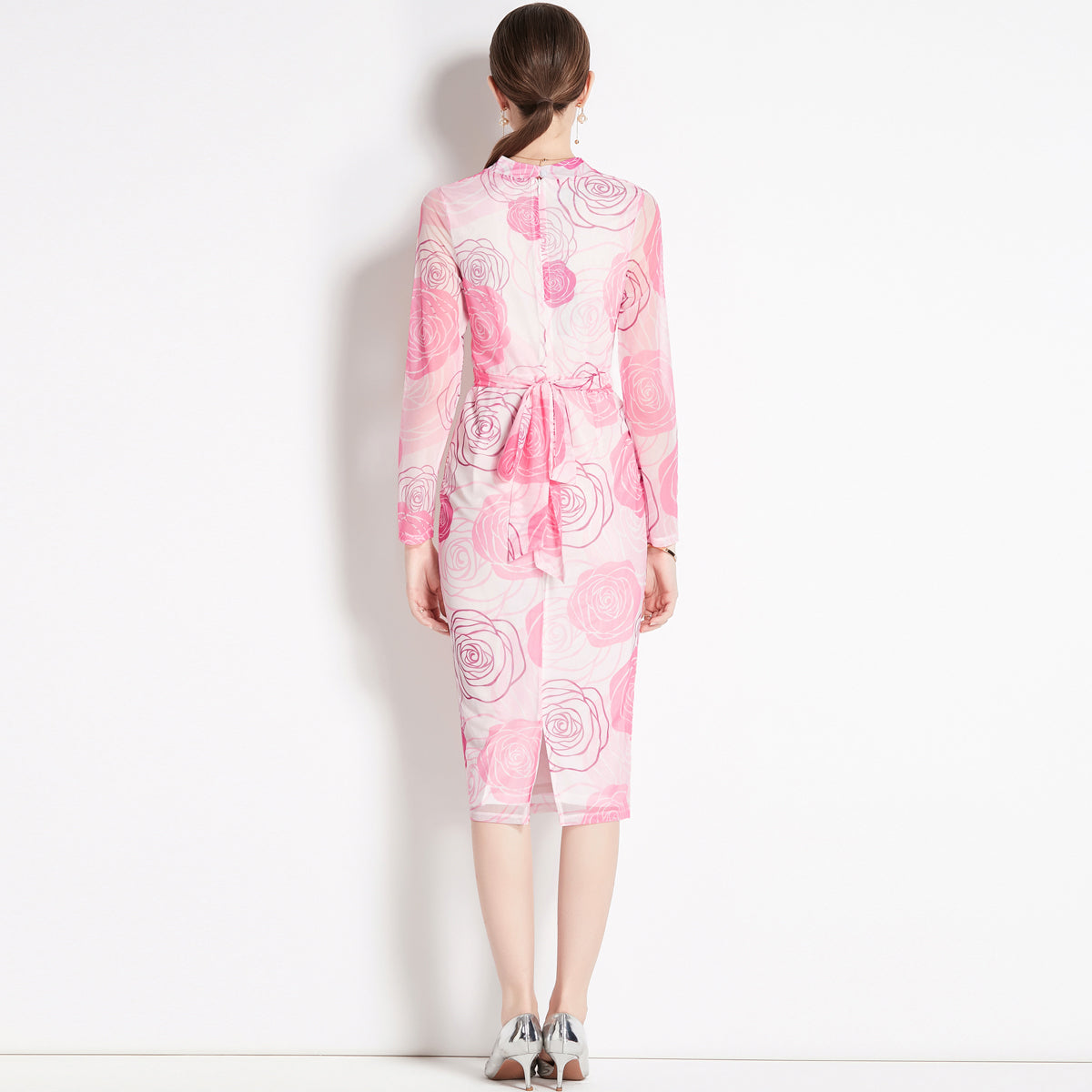 CM-DY079066 Women Retro European Style Printing Hip Long Sleeve V-Neck Gauze Dress