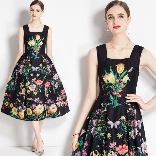 CM-DY079072 Women Retro European Style High Waist Printing Sling Dress