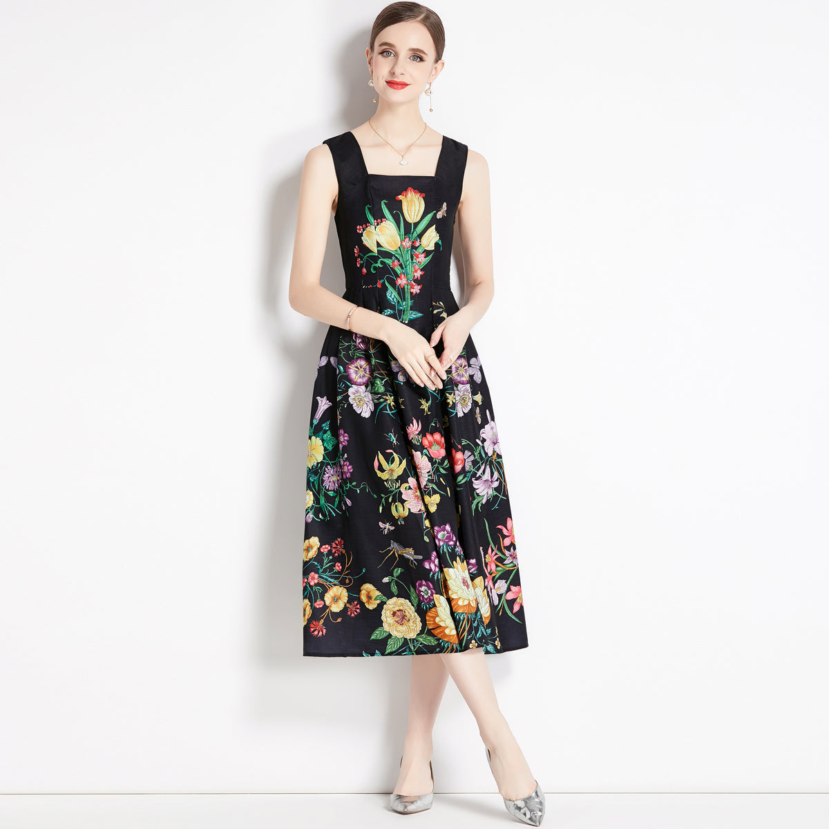 CM-DY079072 Women Retro European Style High Waist Printing Sling Dress