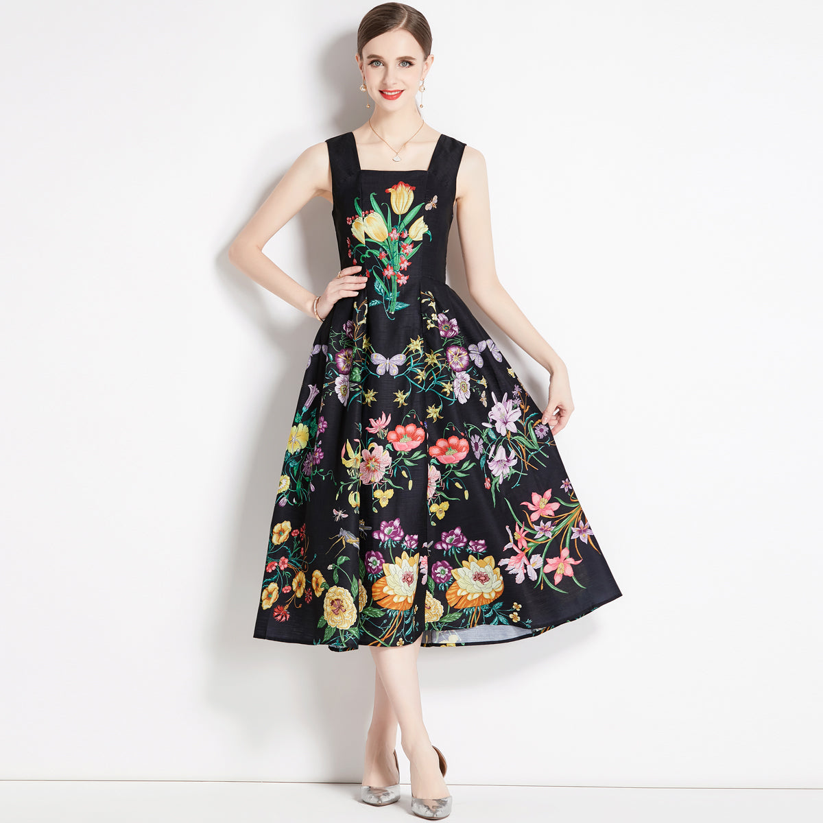 CM-DY079072 Women Retro European Style High Waist Printing Sling Dress