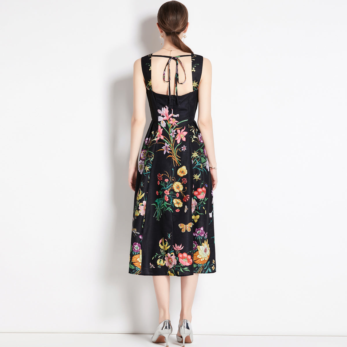 CM-DY079072 Women Retro European Style High Waist Printing Sling Dress