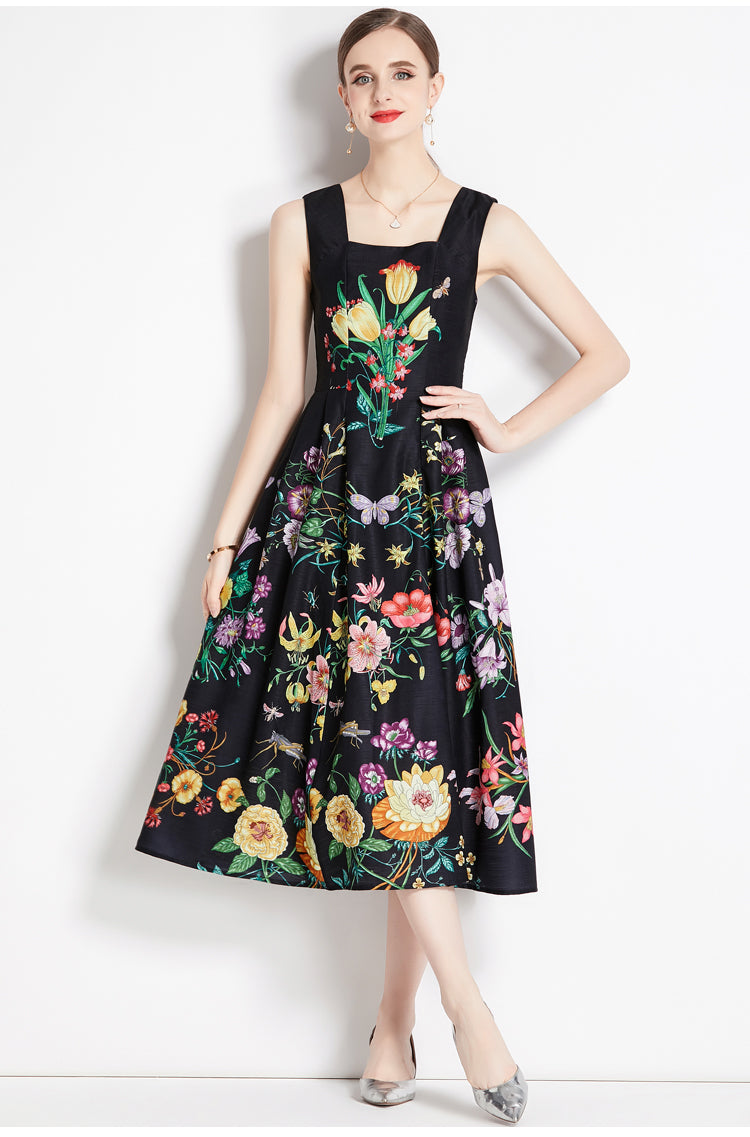 CM-DY079072 Women Retro European Style High Waist Printing Sling Dress
