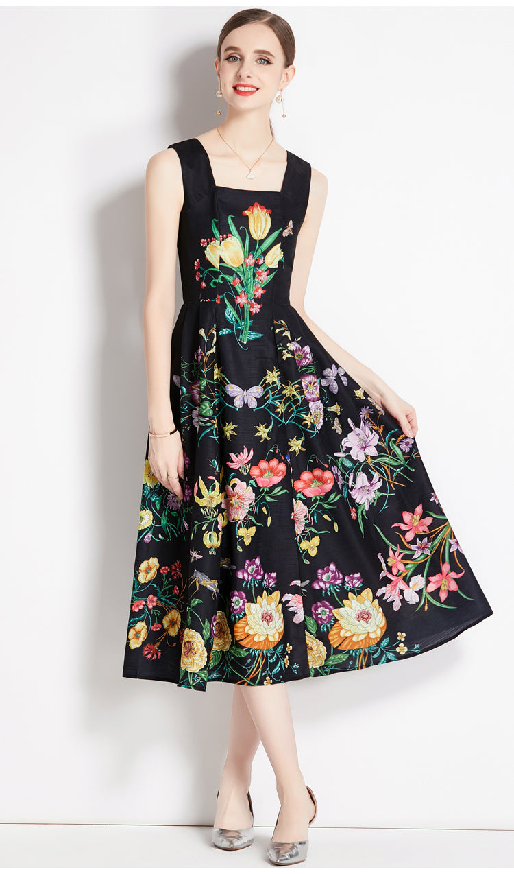 CM-DY079072 Women Retro European Style High Waist Printing Sling Dress