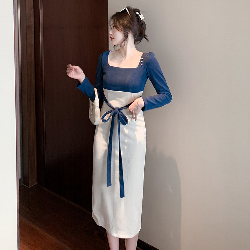CM-DY079125 Women Elegant European Style Long Sleeve Square Collar Splice Dress