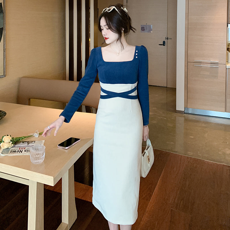 CM-DY079125 Women Elegant European Style Long Sleeve Square Collar Splice Dress