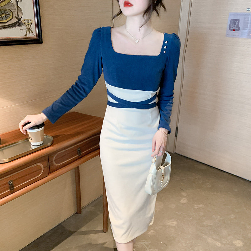CM-DY079125 Women Elegant European Style Long Sleeve Square Collar Splice Dress