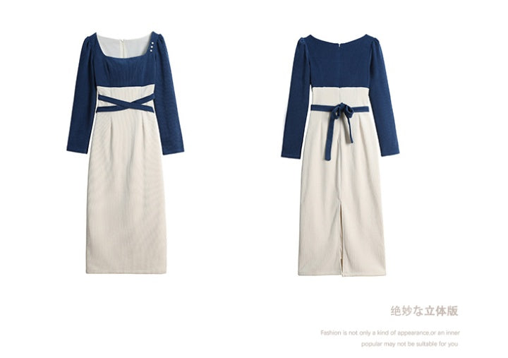 CM-DY079125 Women Elegant European Style Long Sleeve Square Collar Splice Dress