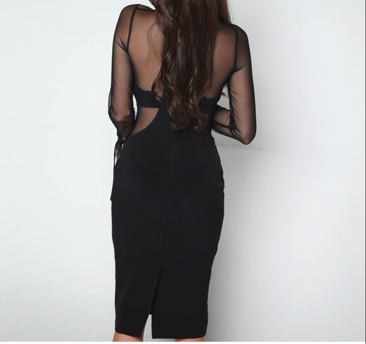 CM-DY080097 Women Elegant Seoul Style Long Sleeve Gauze Splice Formal Dress - Black