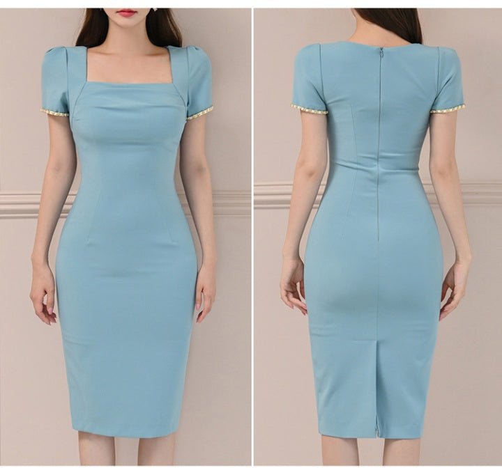 CM-DY080187 Women Casual Seoul Style Square Collar Short Sleeve Midi Dress