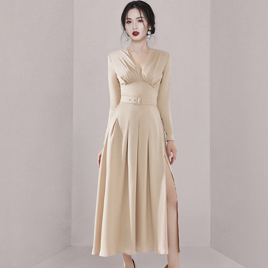 CM-DY080191 Women Elegant European Style V-Neck Long Sleeve Maxi Dress