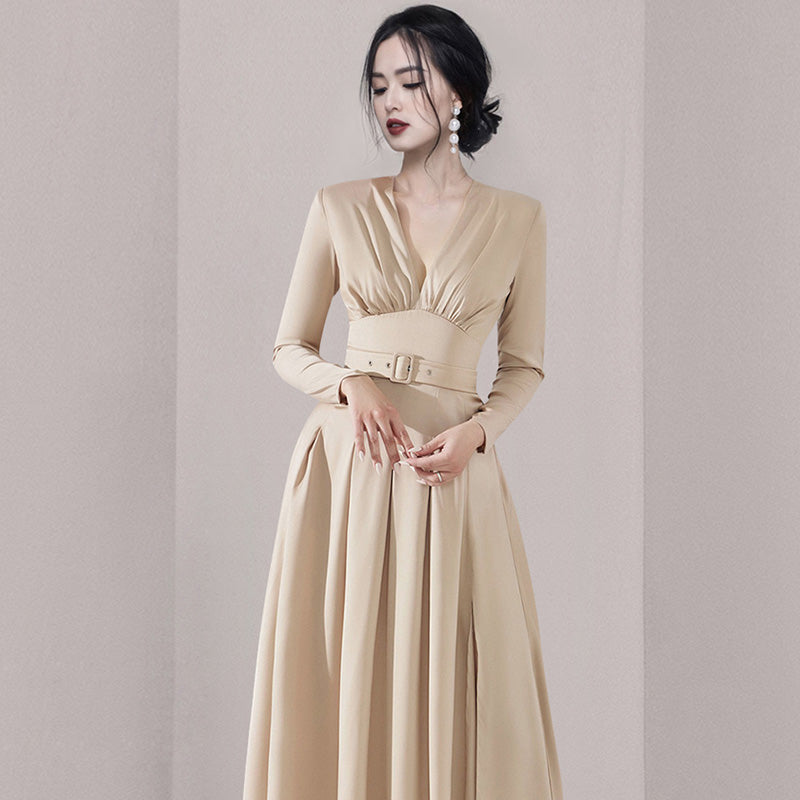 CM-DY080191 Women Elegant European Style V-Neck Long Sleeve Maxi Dress