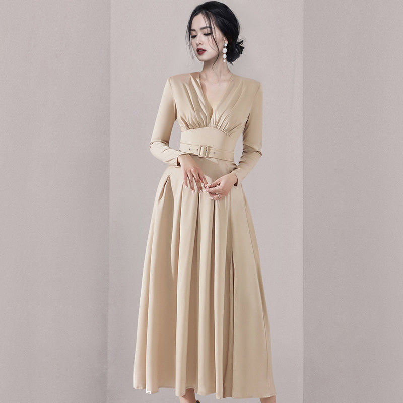 CM-DY080191 Women Elegant European Style V-Neck Long Sleeve Maxi Dress