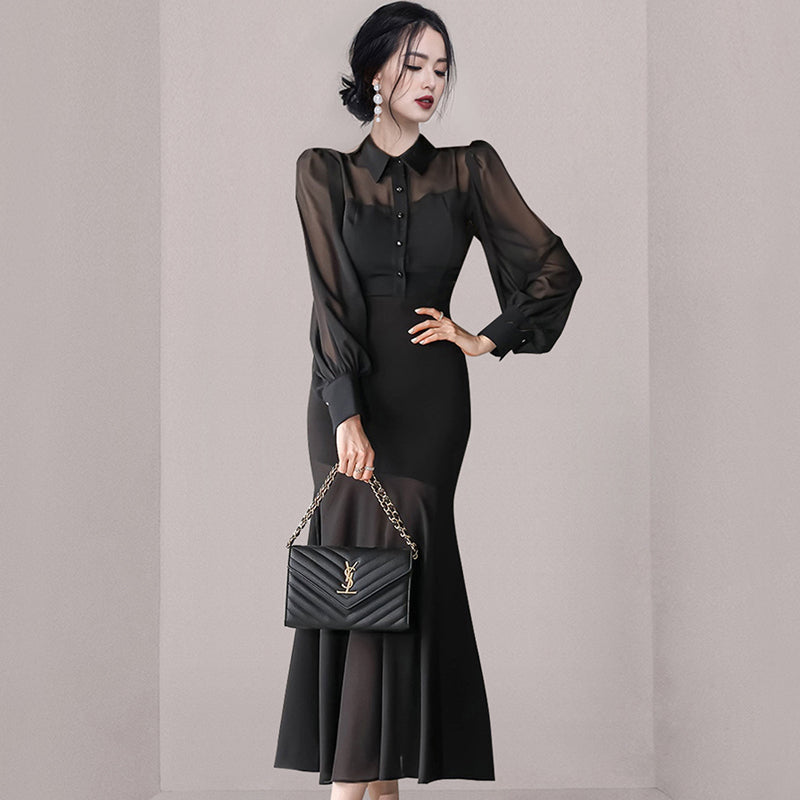 CM-DY080260 Women Elegant Seoul Style Single Breasted Lantern Sleeve Ruffle Dress - Black