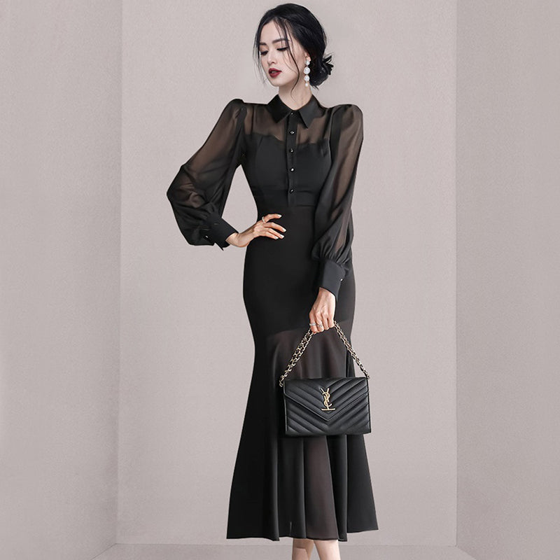CM-DY080260 Women Elegant Seoul Style Single Breasted Lantern Sleeve Ruffle Dress - Black