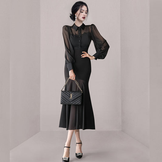 CM-DY080260 Women Elegant Seoul Style Single Breasted Lantern Sleeve Ruffle Dress - Black