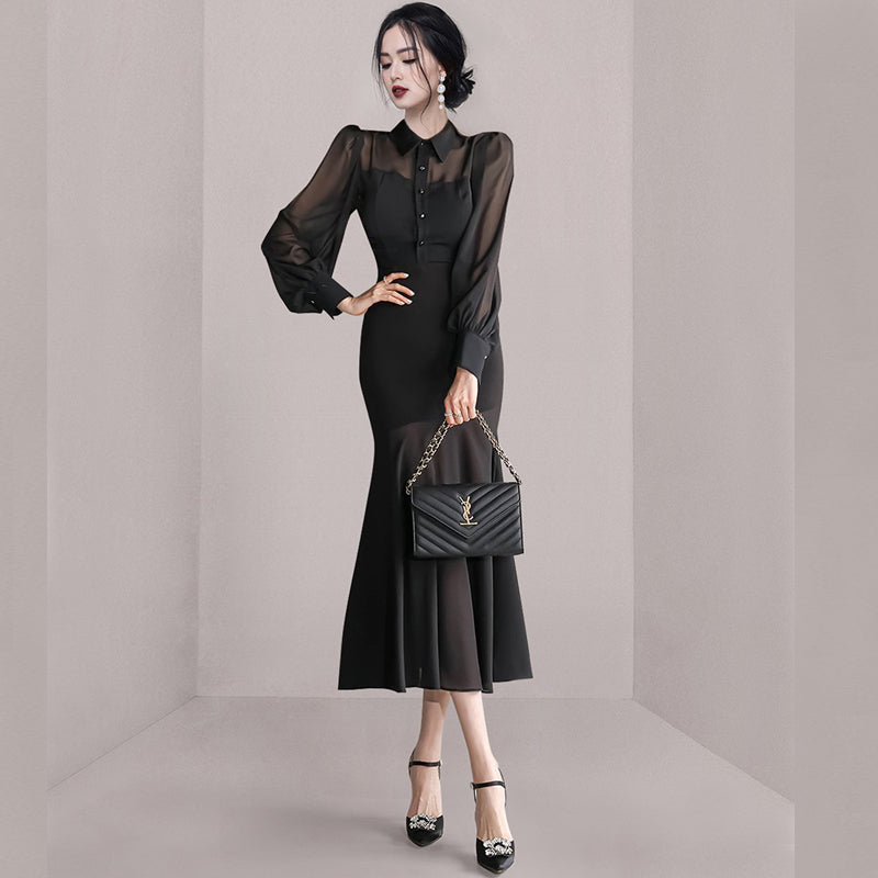 CM-DY080260 Women Elegant Seoul Style Single Breasted Lantern Sleeve Ruffle Dress - Black