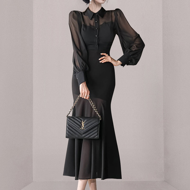 CM-DY080260 Women Elegant Seoul Style Single Breasted Lantern Sleeve Ruffle Dress - Black