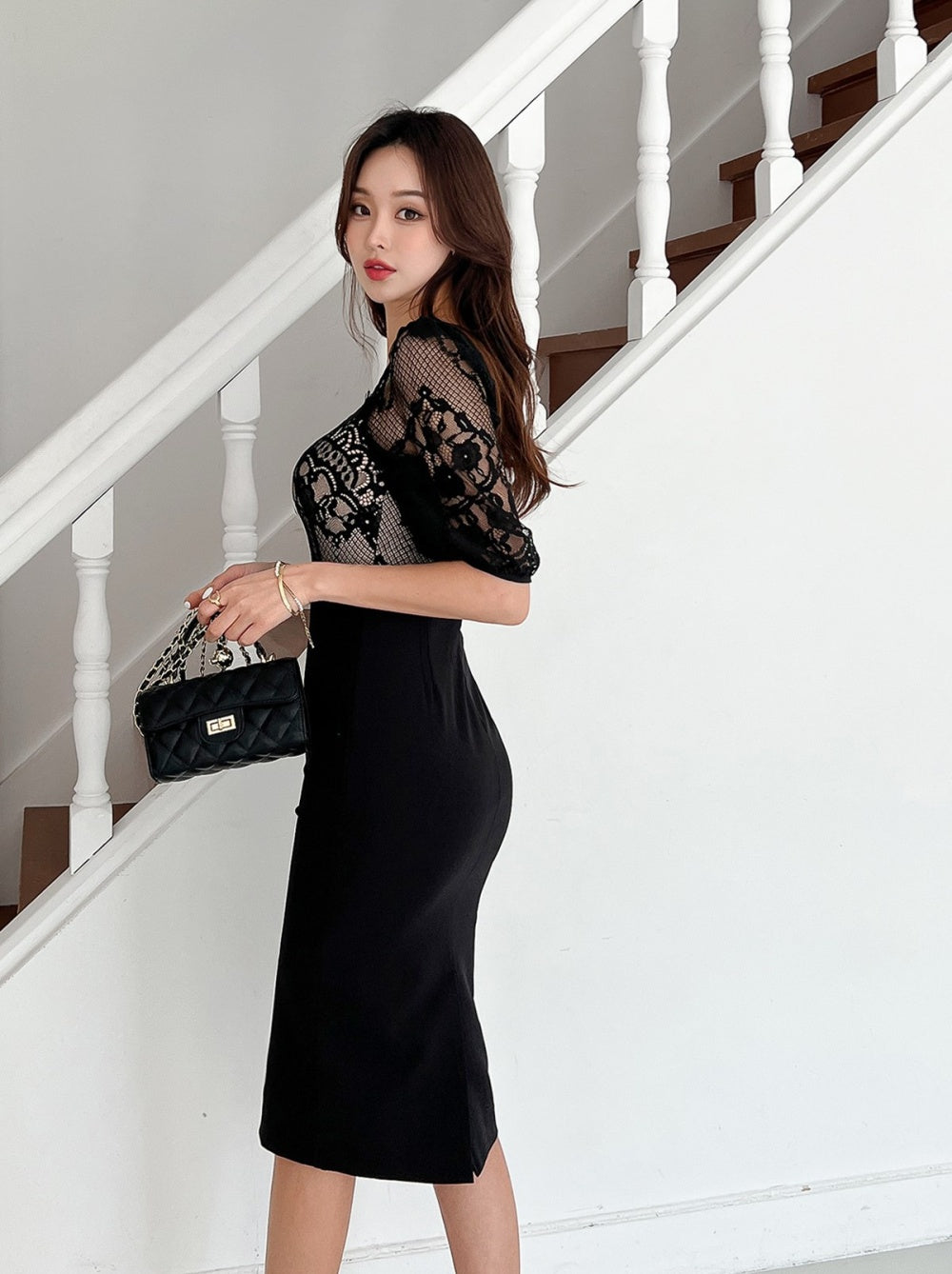 CM-DY080270 Women Elegant Seoul Style Heart Collar Puff Sleeve Midi Dress - Black
