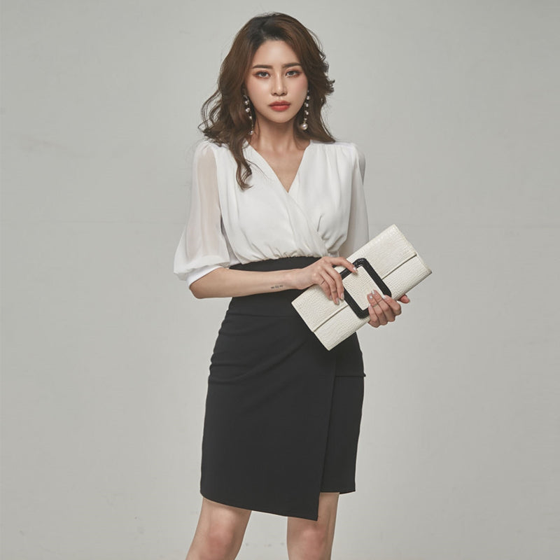 CM-DY080334 Women Elegant Seoul Style V-Neck Lantern Sleeve Mini Dress