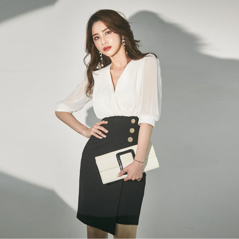 CM-DY080334 Women Elegant Seoul Style V-Neck Lantern Sleeve Mini Dress