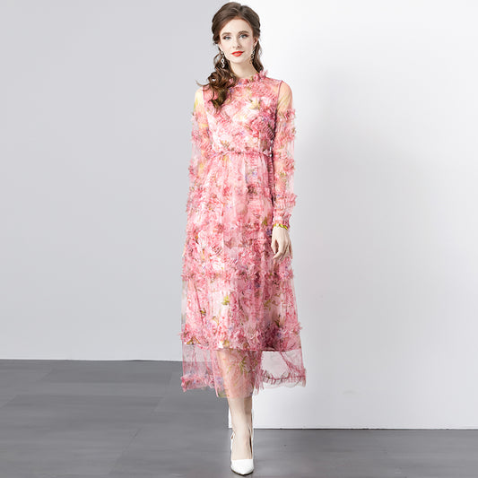 CM-DY080359 Women Elegant European Style Round Neck Splice Gauze Printing Dress