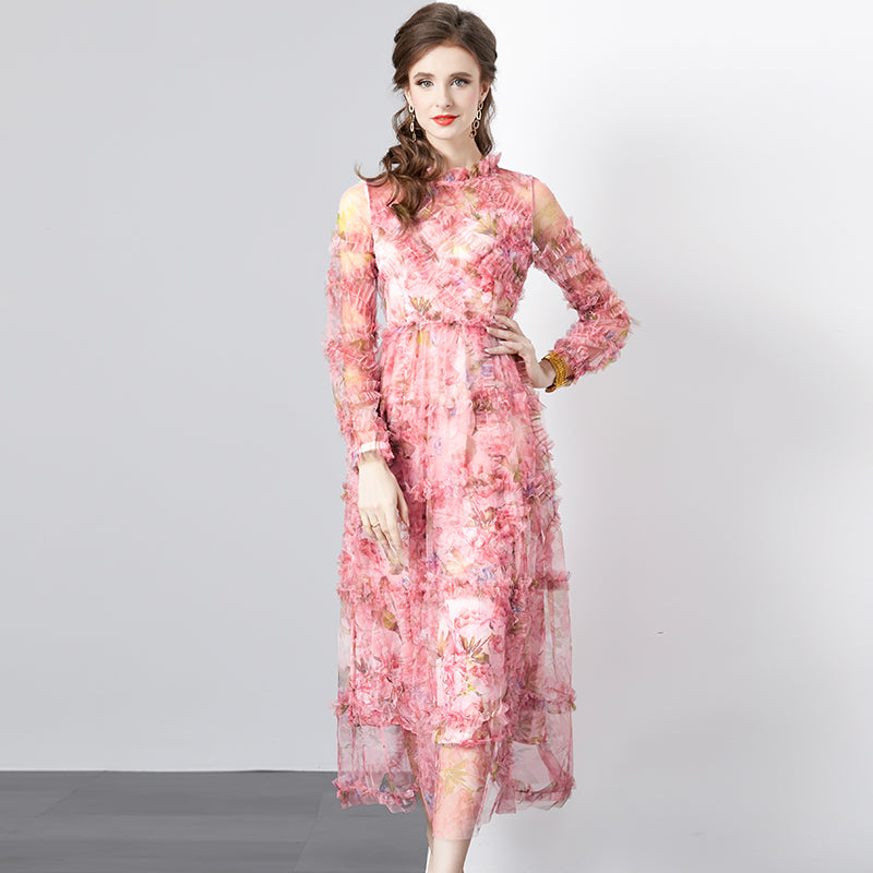 CM-DY080359 Women Elegant European Style Round Neck Splice Gauze Printing Dress