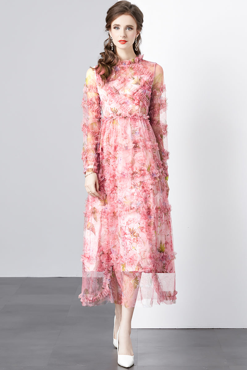CM-DY080359 Women Elegant European Style Round Neck Splice Gauze Printing Dress