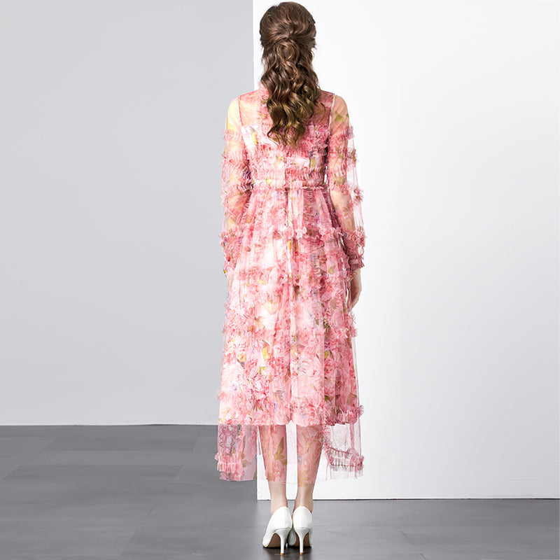 CM-DY080359 Women Elegant European Style Round Neck Splice Gauze Printing Dress