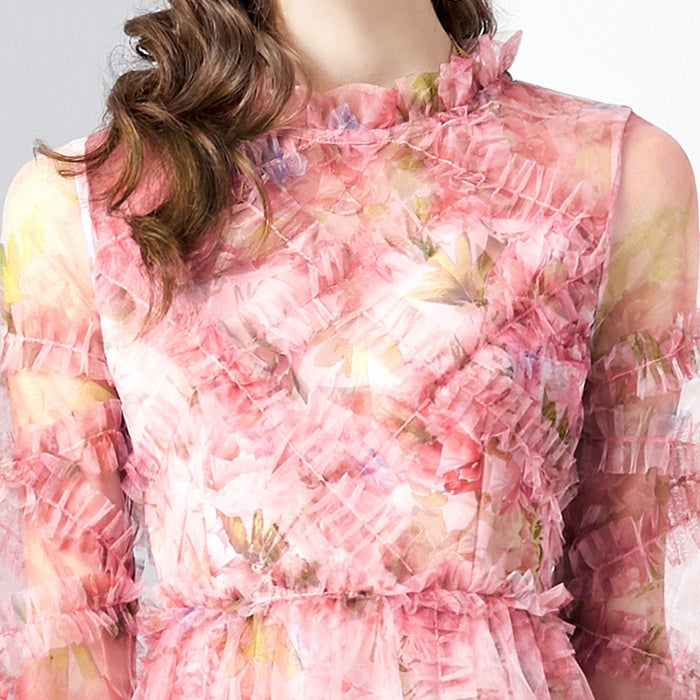 CM-DY080359 Women Elegant European Style Round Neck Splice Gauze Printing Dress