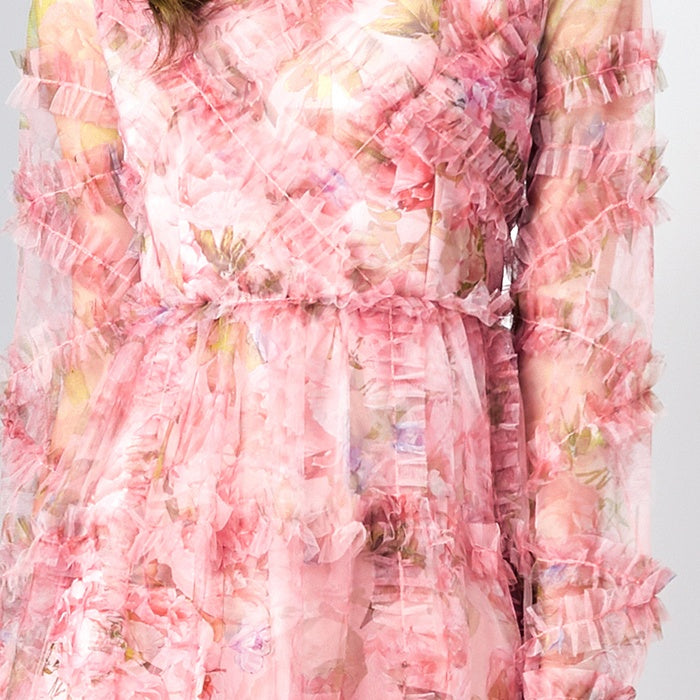 CM-DY080359 Women Elegant European Style Round Neck Splice Gauze Printing Dress