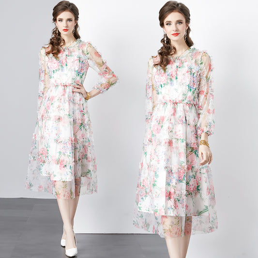 CM-DY080360 Women Elegant European Style Round Neck Splice Gauze Printing Dress
