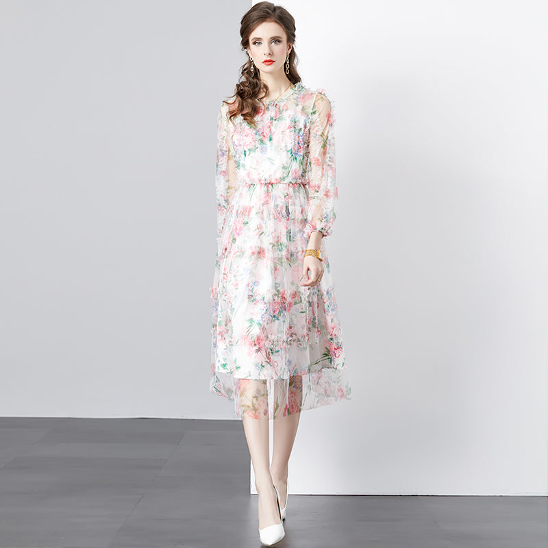 CM-DY080360 Women Elegant European Style Round Neck Splice Gauze Printing Dress