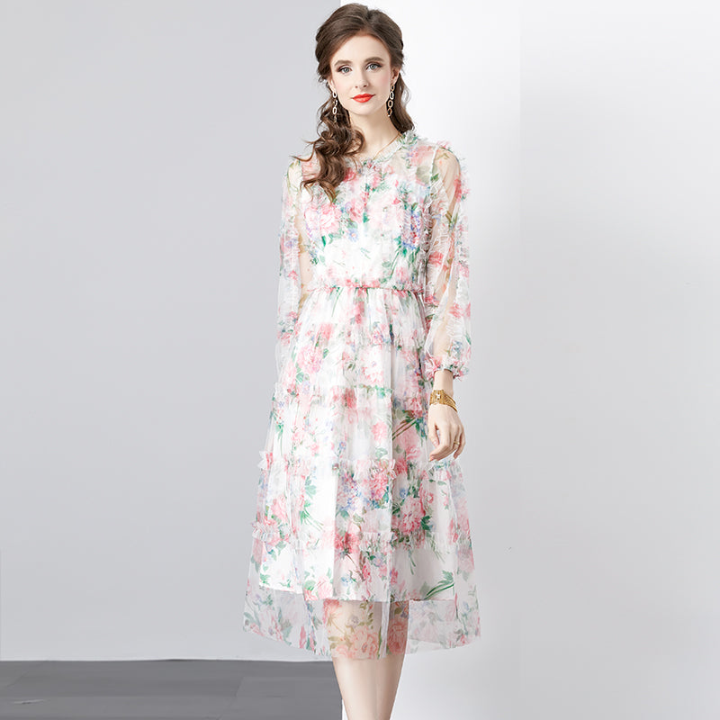 CM-DY080360 Women Elegant European Style Round Neck Splice Gauze Printing Dress