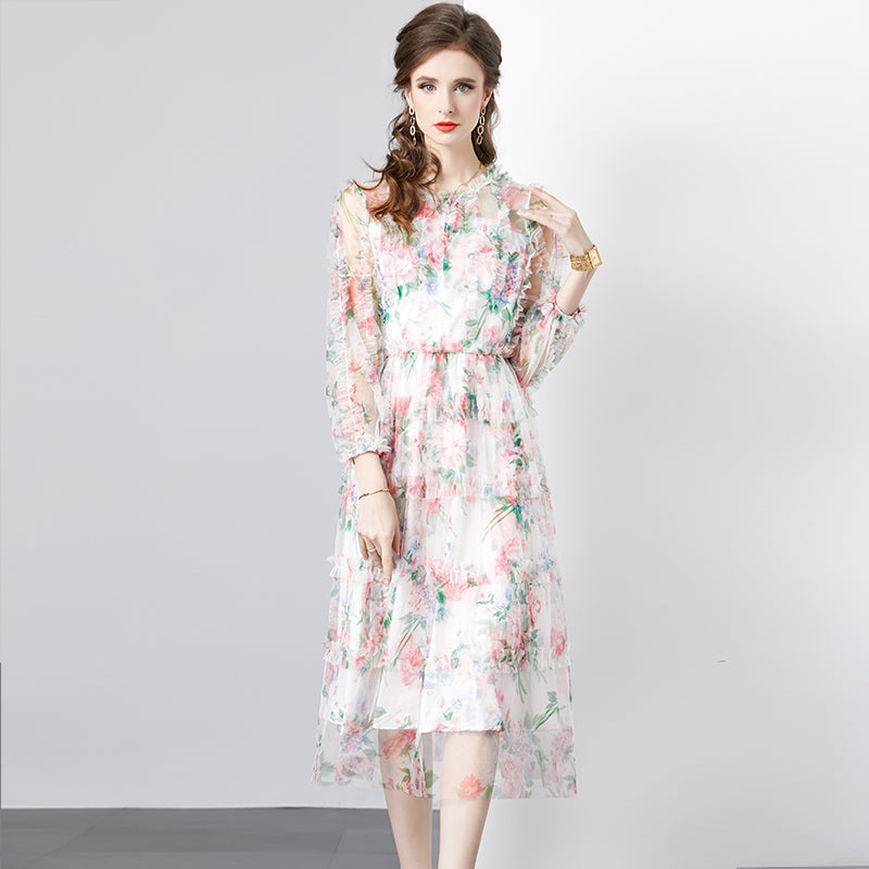 CM-DY080360 Women Elegant European Style Round Neck Splice Gauze Printing Dress