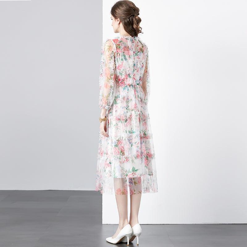 CM-DY080360 Women Elegant European Style Round Neck Splice Gauze Printing Dress
