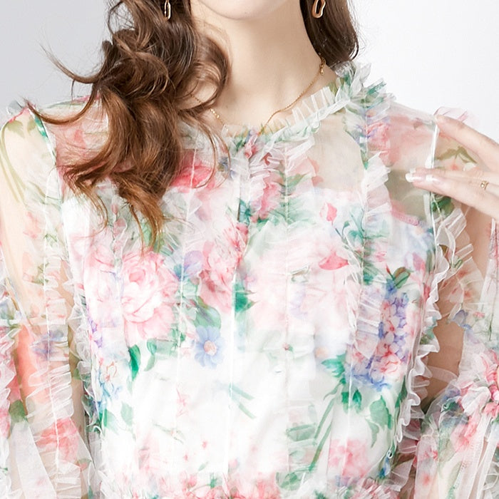 CM-DY080360 Women Elegant European Style Round Neck Splice Gauze Printing Dress